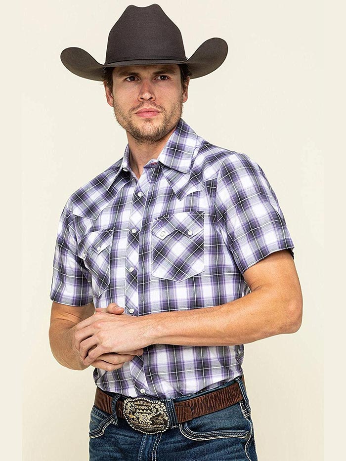 Wrangler MVR505P Mens Retro Short Sleeve Plaid Snap Shirt Purple – .  Western® Wear