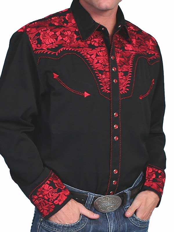 Scully P-634-CRI Mens Floral Tooled Embroidery Western Shirt Crimson ...