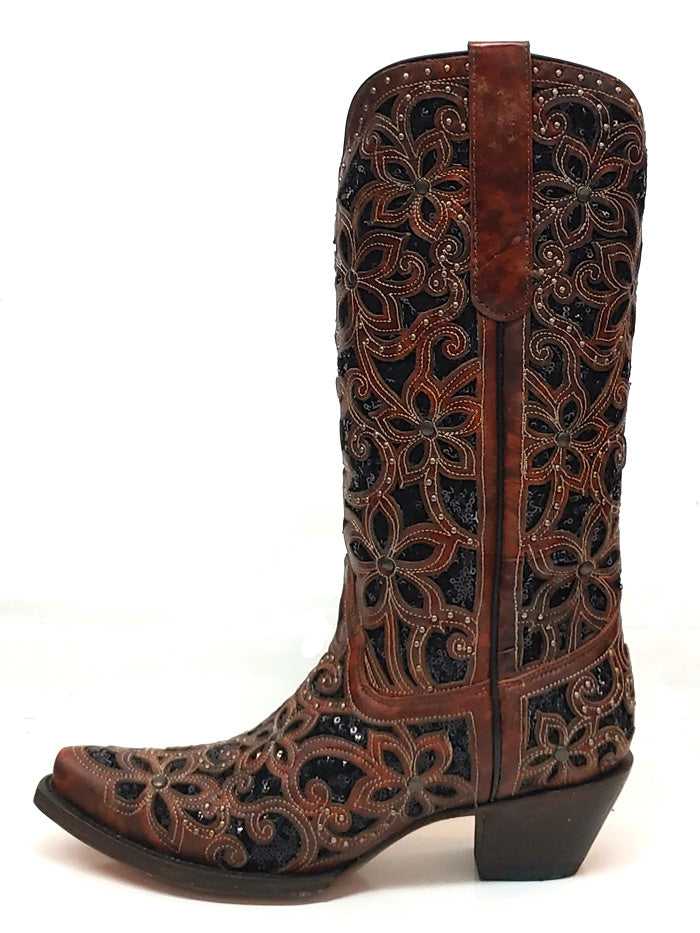 Corral A4083 Ladies Inlay Embroidery Stud Snip Toe Leather Boots Tan and Black front and back view