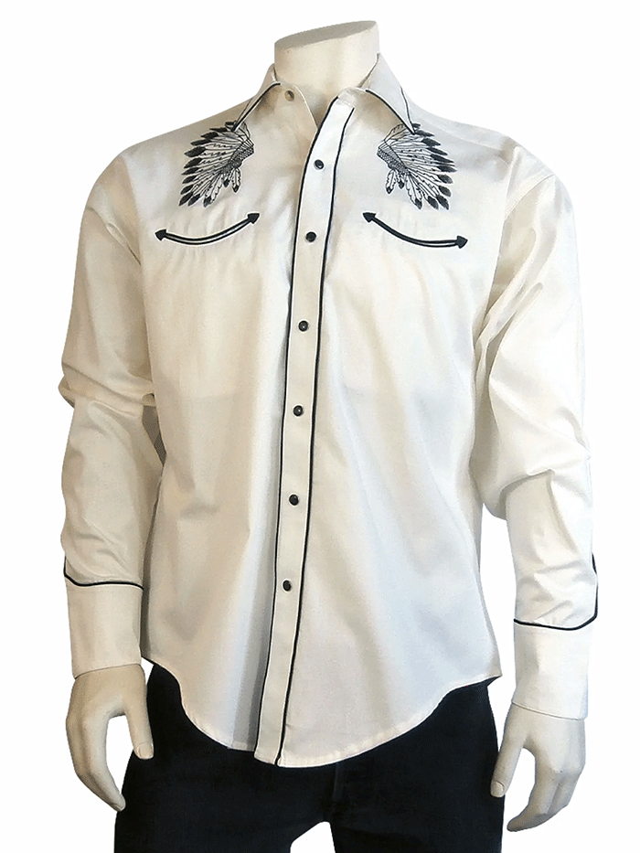 Rockmount 6874 Mens Gabardine Warbonnet Embroidery Western Shirt Ivory ...