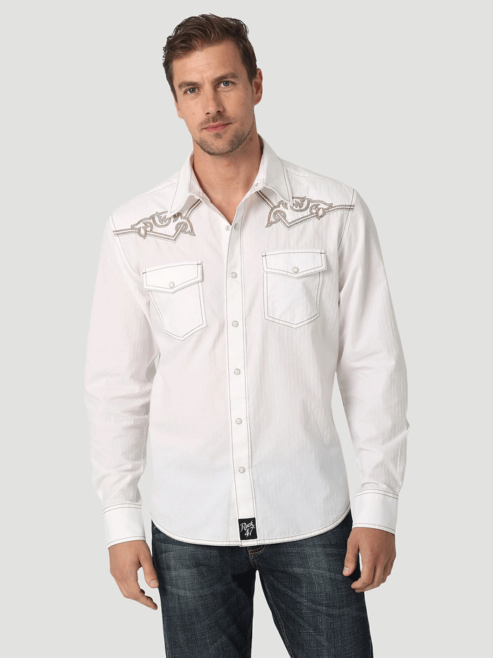 Wrangler 112326338 Mens Rock 47 Snap Long Sleeve Shirt White – J.C ...