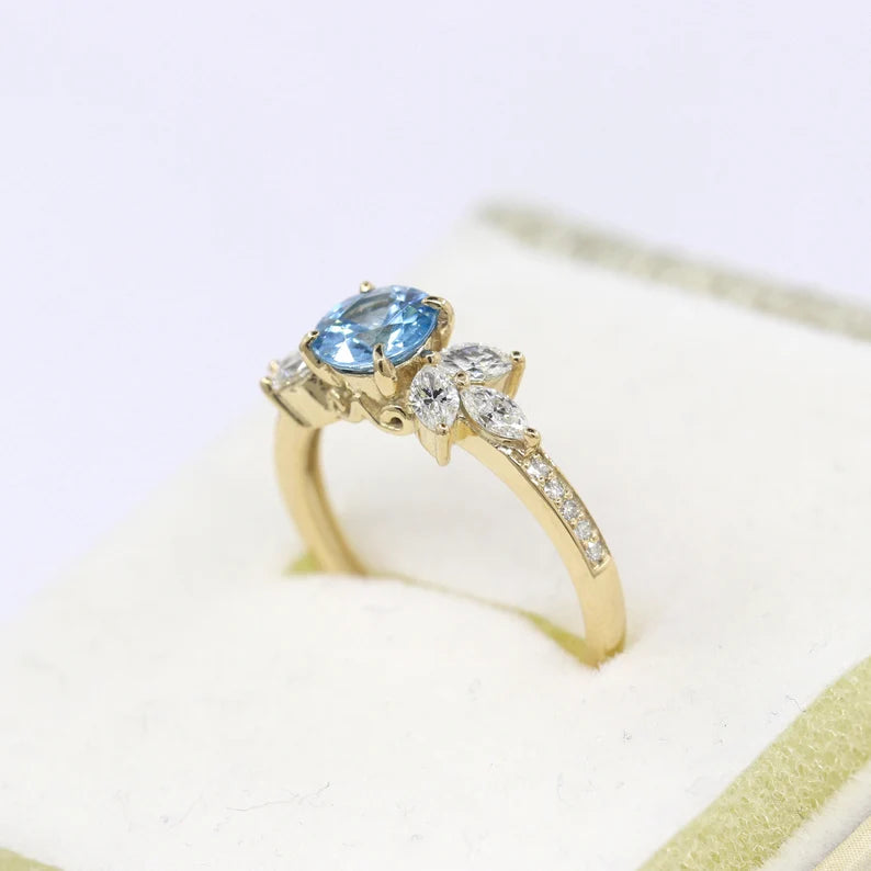 14K SOLID GOLD BLUE ZIRCON WITH 0.52CT DIAMOND ENGAGEMENT RING