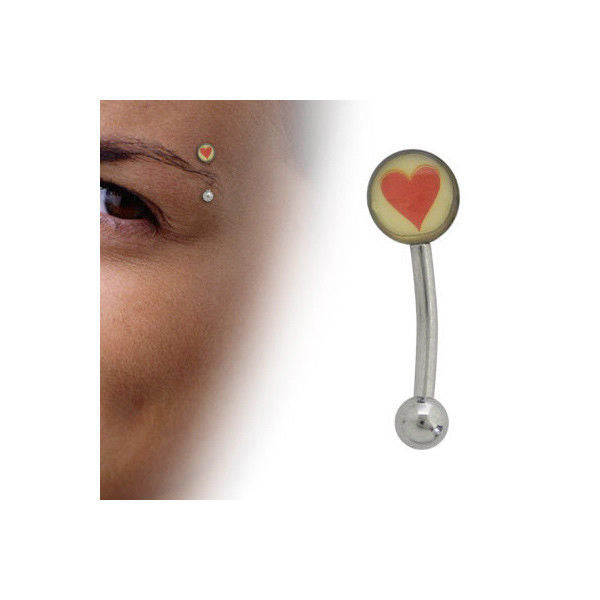 Curved Barbell 16G Eyebrow Ring with Red Heart Logo Design