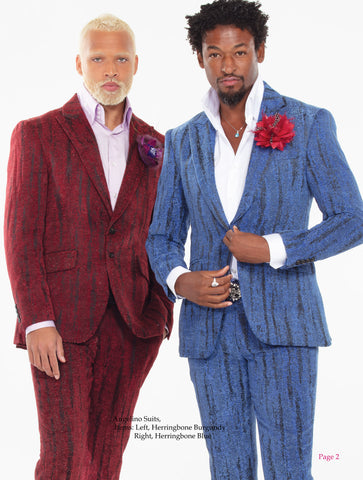 prom suits 2024, burgundy and blue with herringbone texture