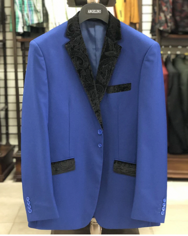 Oversized blazer men, blue with black lapel velvet fabric, Angelino