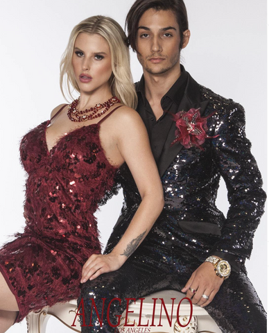 black sequin suit and burgundy dress, Angelino