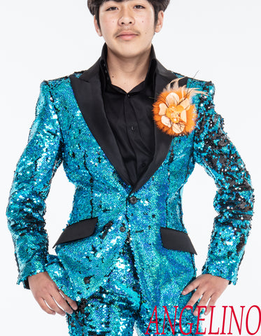 Sparkly tuxedo turquoise color, sequin suit, Angelino