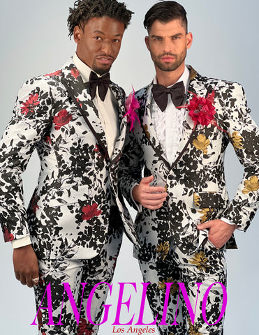 Jacquard Floral Suits for Men Wedding Black Gold Jacket Black Pant Prom 2  Pieces | eBay