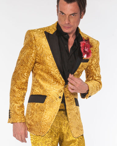 prom suit in gold color with peak black lapel