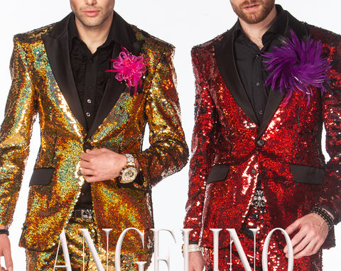 gold sequin suit and men red sparkle suit, Angelino