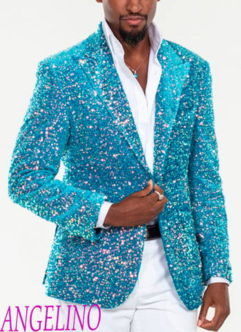 sequin blazer men, turquoise, Angelino