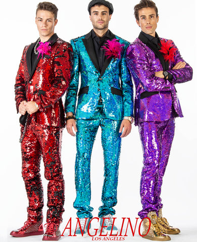 men sequin suits, red, turquoise, and pink, Angelino