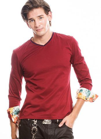 Mens jeans - Long Sleeve T shirt - Cotton, Burgundy - ANGELINO