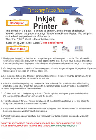  5PCS Printable Temporary Tattoo Paper for INKJET