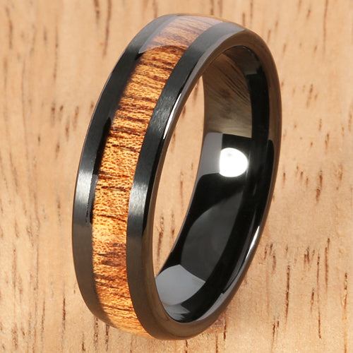 a pair of koa wood tungsten ring black tungsten ring – Hanalei Jeweler