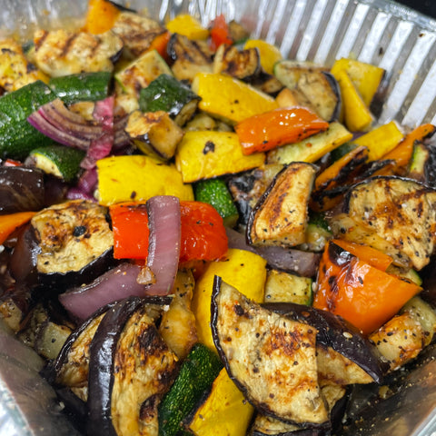 grilled veggies in an aluminum pan