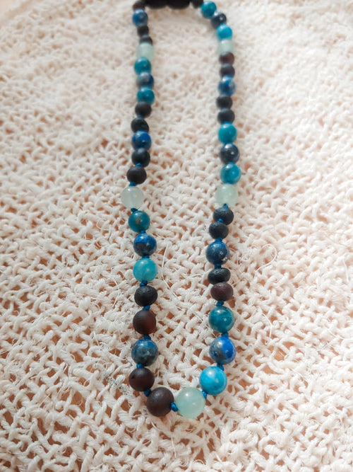 Blue Apatite, Lapis Lazuli, Green Aventurine + Raw Cherry Baltic Amber Necklace ll POP + Screw Clasp