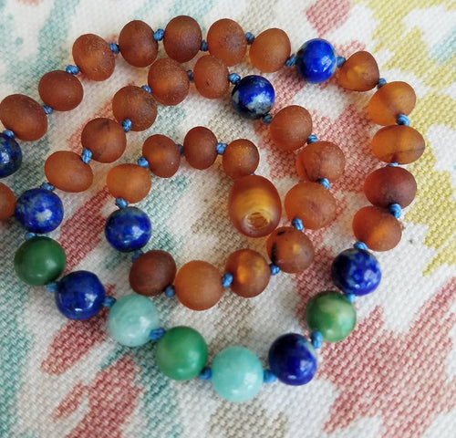 African Jade, Amazonite, Lapis Lazuli, and Baltic Amber Teething Necklace