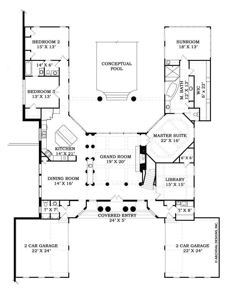 Villa de Saye Ranch House Plan Courtyard House Plan 