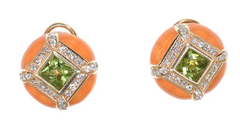 yellow gold orange enamel peridot and diamond earrings
