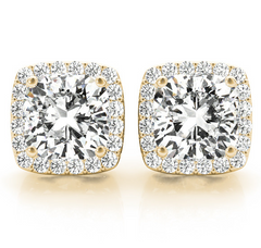 yellow gold cushion cut diamond stud earrings with halos