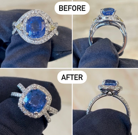 before and after shots of blue sapphire and diamond ring