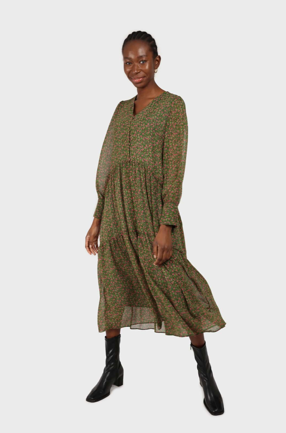 Khaki Button Front Floral Maxi Dress by Glassworks