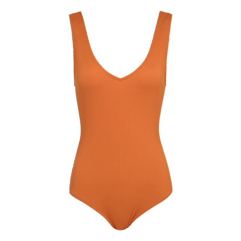 Tangerine Ribbed V Neck One Piece Kingdom And State