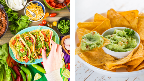 taco bar with beef, cheese, tortillas, chips and guacamole 