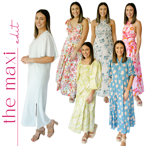 maxi dresses in green, blue, pink and other floral patterns 