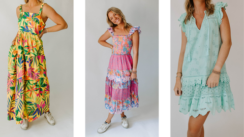 fiesta dresses with bright patters and colors like yellow, pink and mint