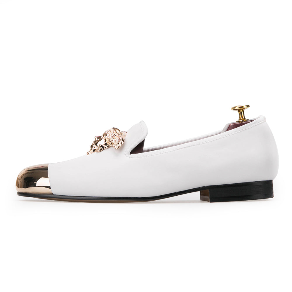 white loafers with gold buckle