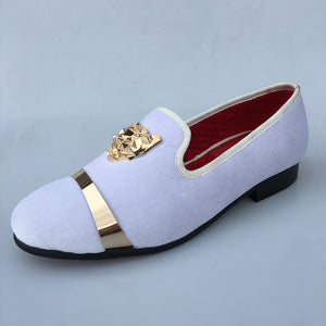 white and gold loafers