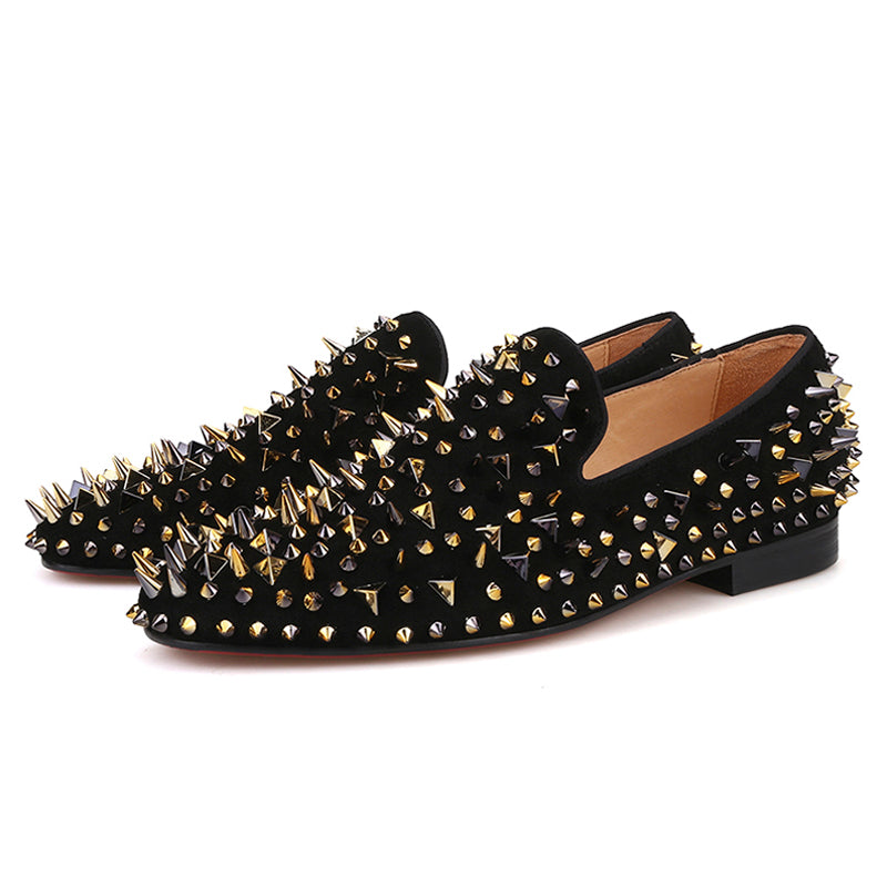 black dress shoes with gold spikes