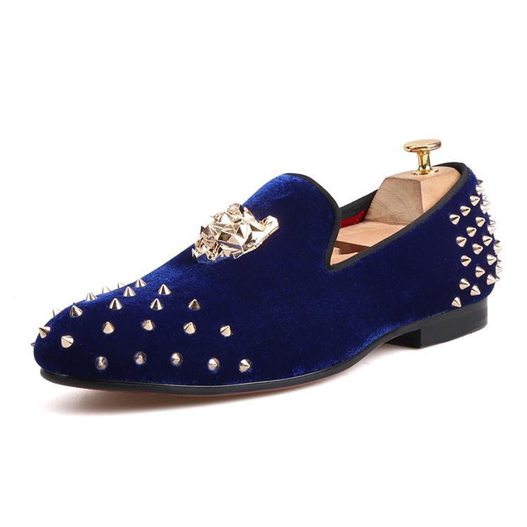 Piergitar Men Velvet Shoes With Gold Tiger Buckle And Spikes Party And