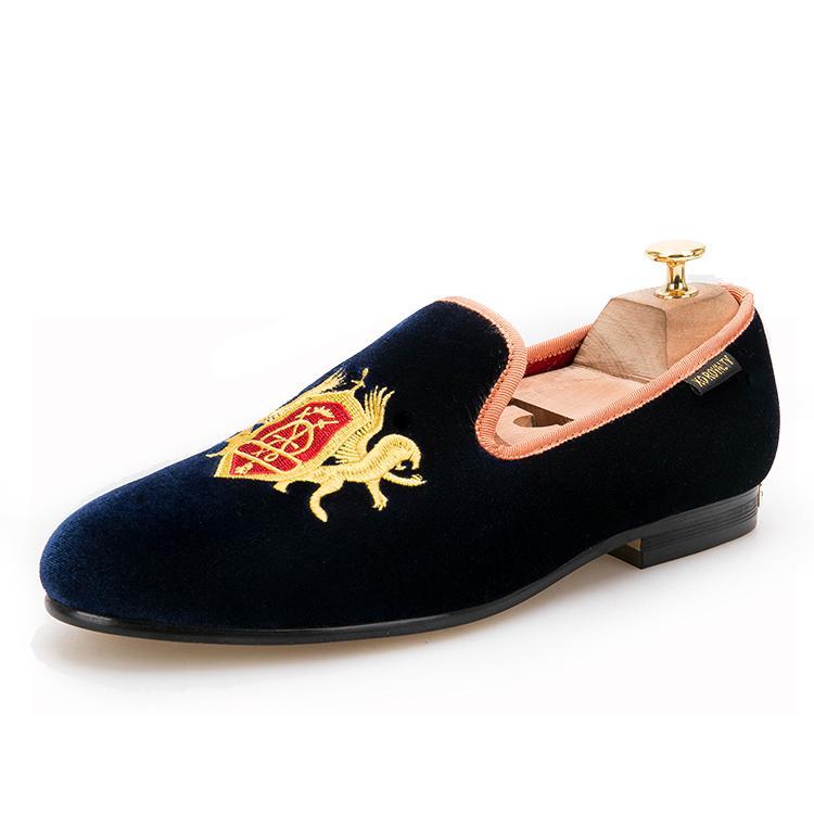 navy and gold loafers