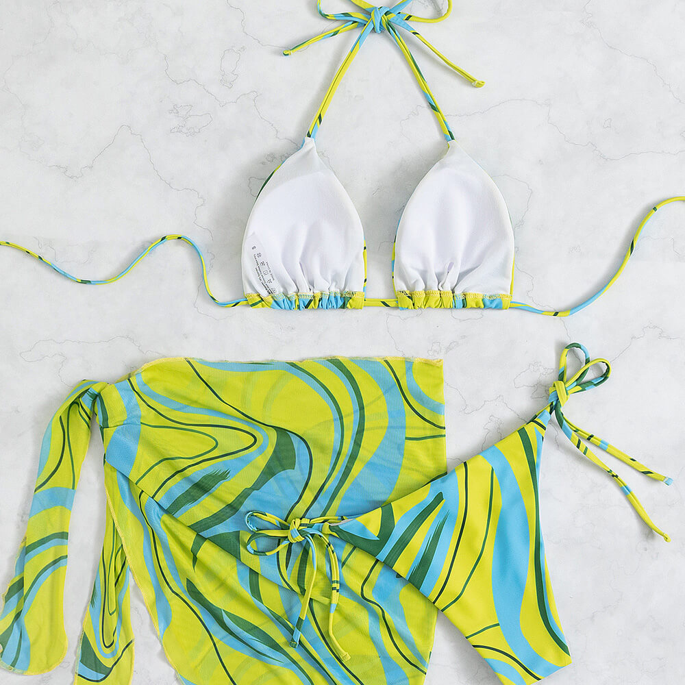 Colorful Swirl Tie String Slide Triangle Brazilian Three Piece Bikini ...
