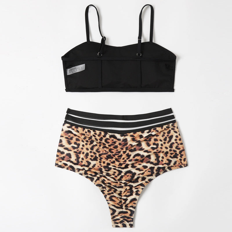 Leopard Panel Mesh High Waist Bralette Brazilian Two Piece Bikini Swim