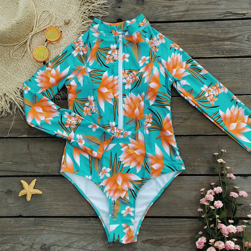 Tropical Floral Long Sleeve High Neck Rash Guard One Piece Swimsuit Brazilian Bikini Swimsuits 