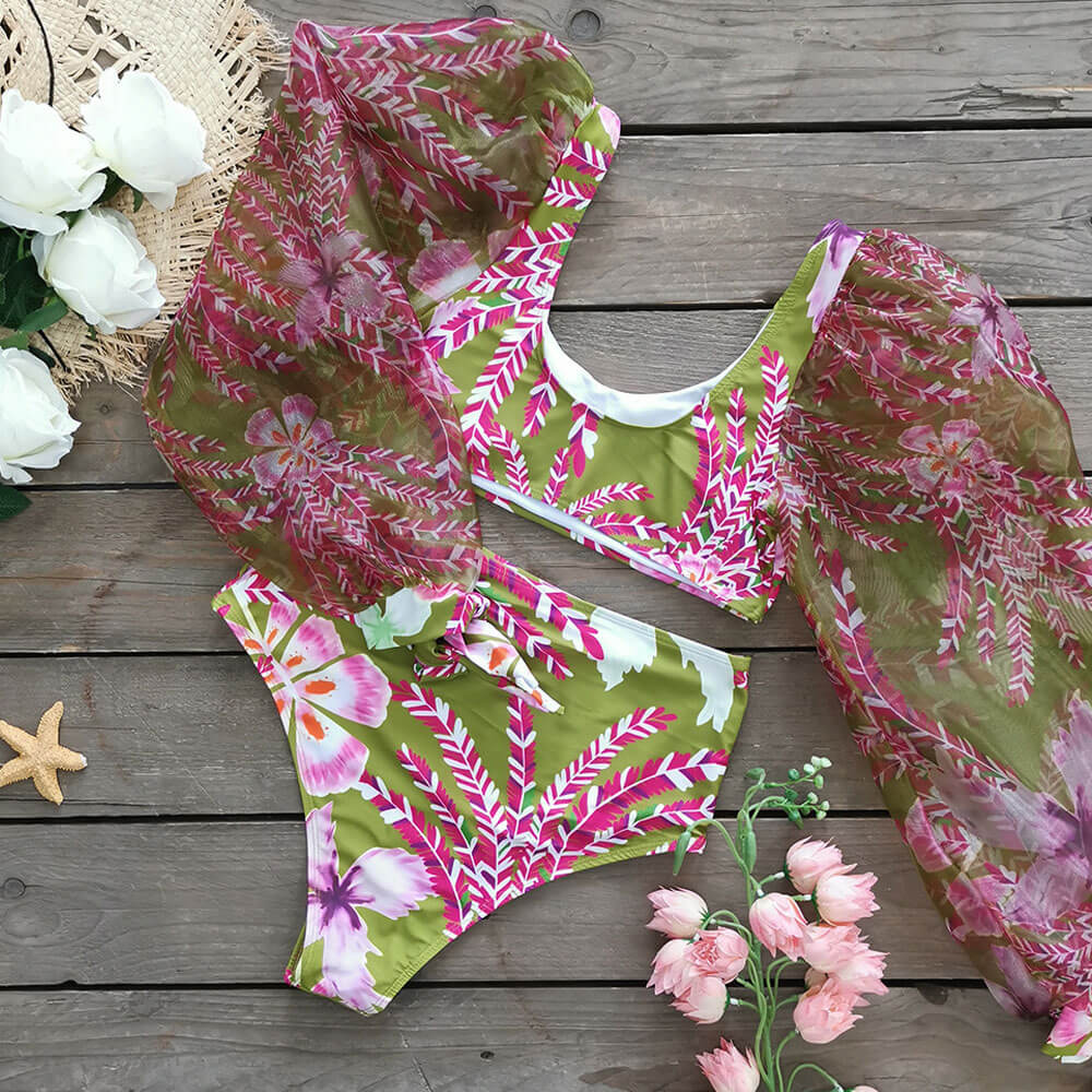 Tropical Floral Organza Sleeve High Waist Brazilian Two Piece Bikini S ...