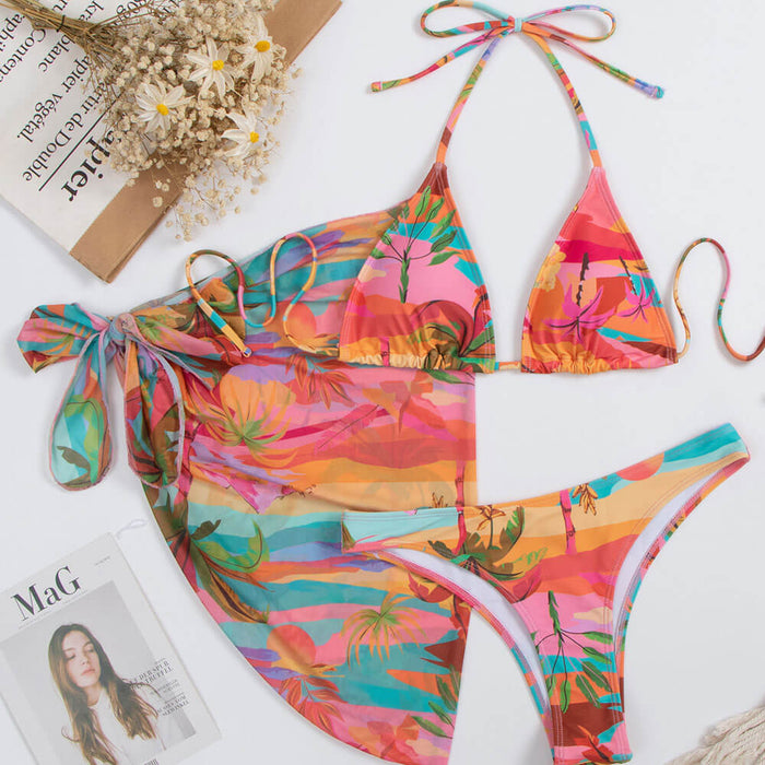 Tropical Printed High Cut Slide Triangle Brazilian Three Piece Bikini
