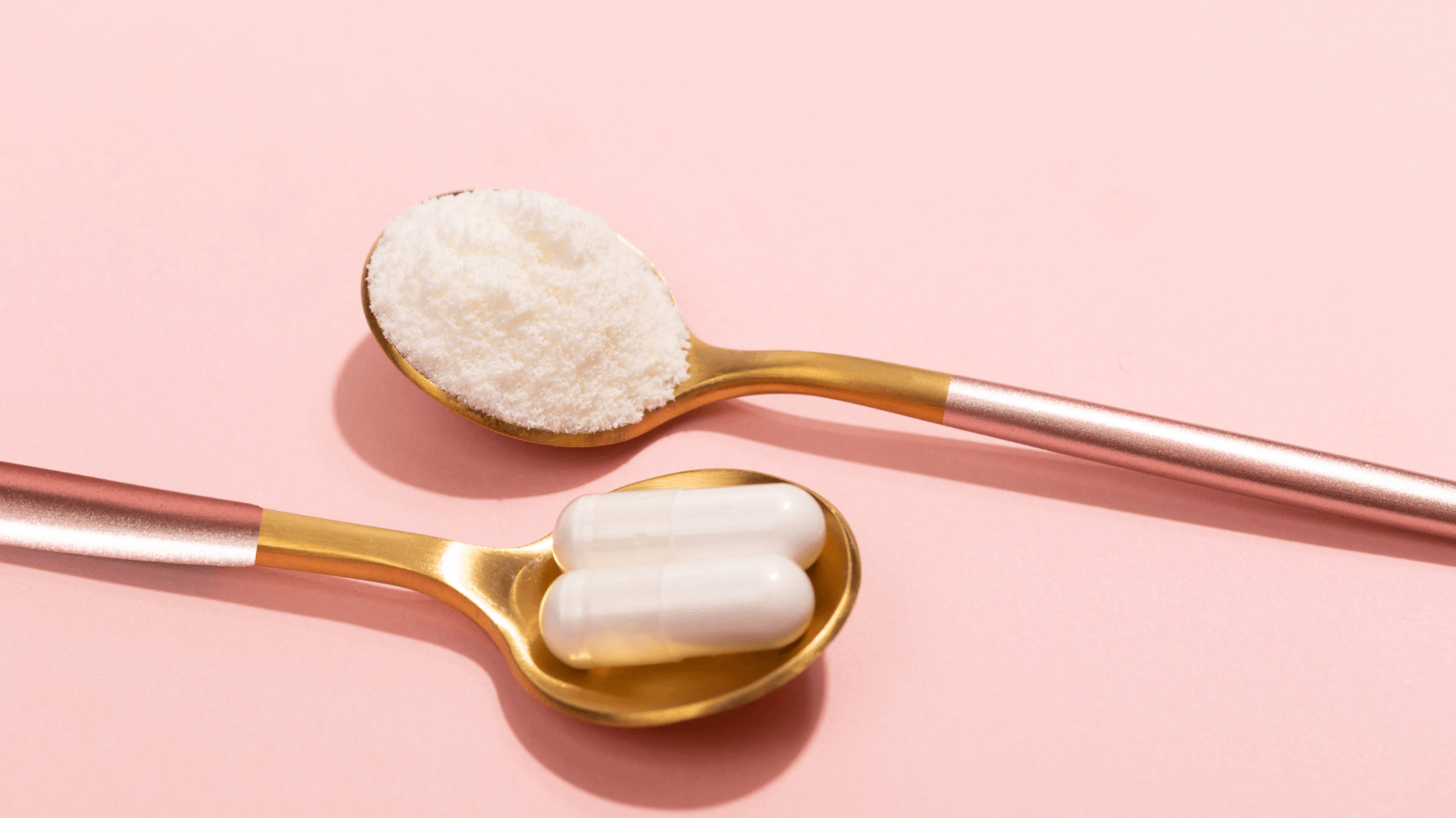 spoon of collagen powder and collagen capsules