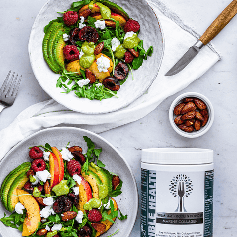 Edible Health marine collagen powder next to goat's cheese salad