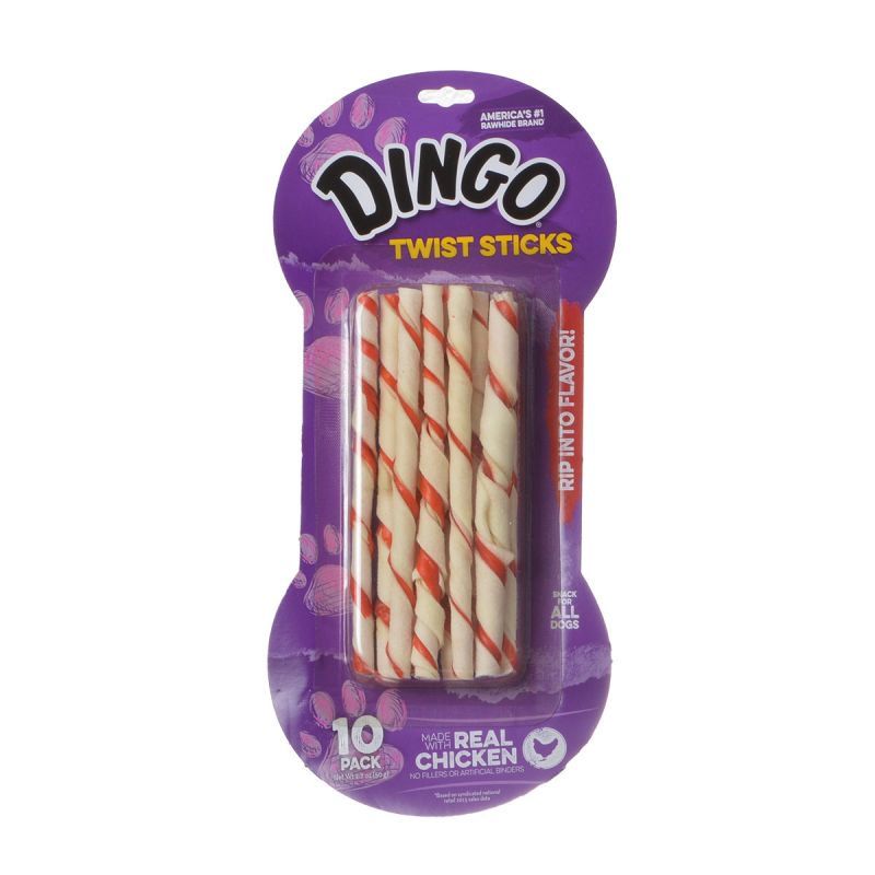 Dingo Twist Sticks Rawhide Chew with Chicken in the Middle, 6" Long (10 Pack)