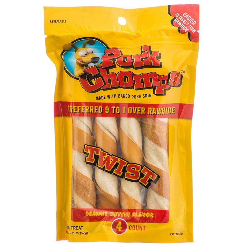 Pork Chomps Twistz Pork Chews - Peanut Butter Flavor, Large Twists - 4 Count