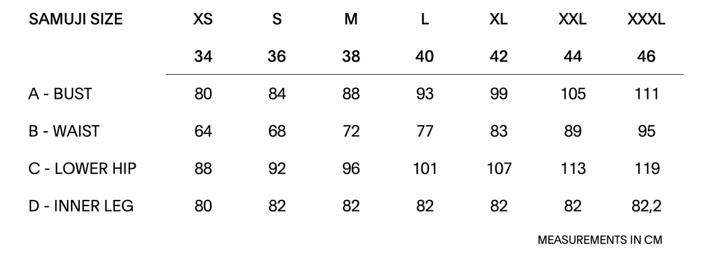 Samuji size measurements