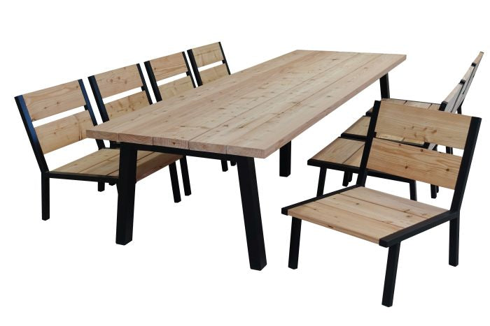 Low dining set Douglas hout en stalen poten Elbo 2 weken levertijd