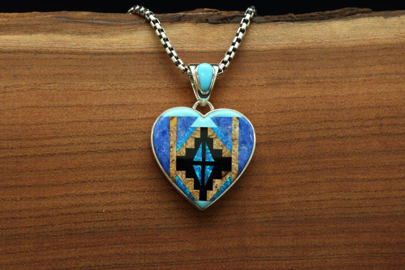Navajo Multi Color Inlay Rug Design Heart Pendant Lemas Kokopelli Gallery