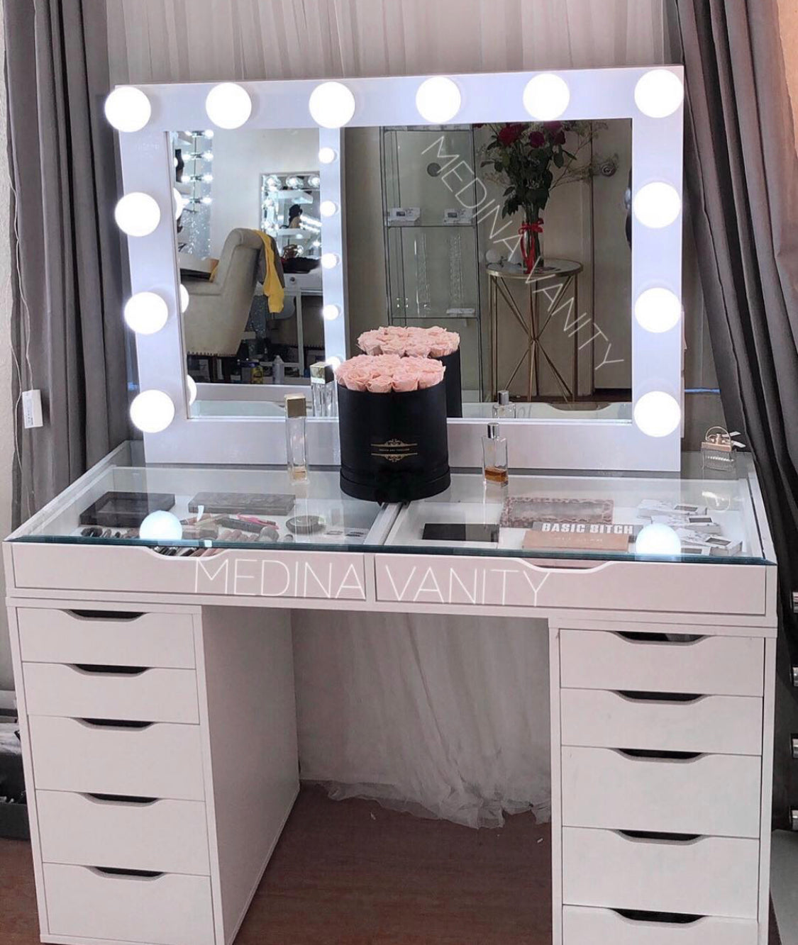 vanity with mirror and storage