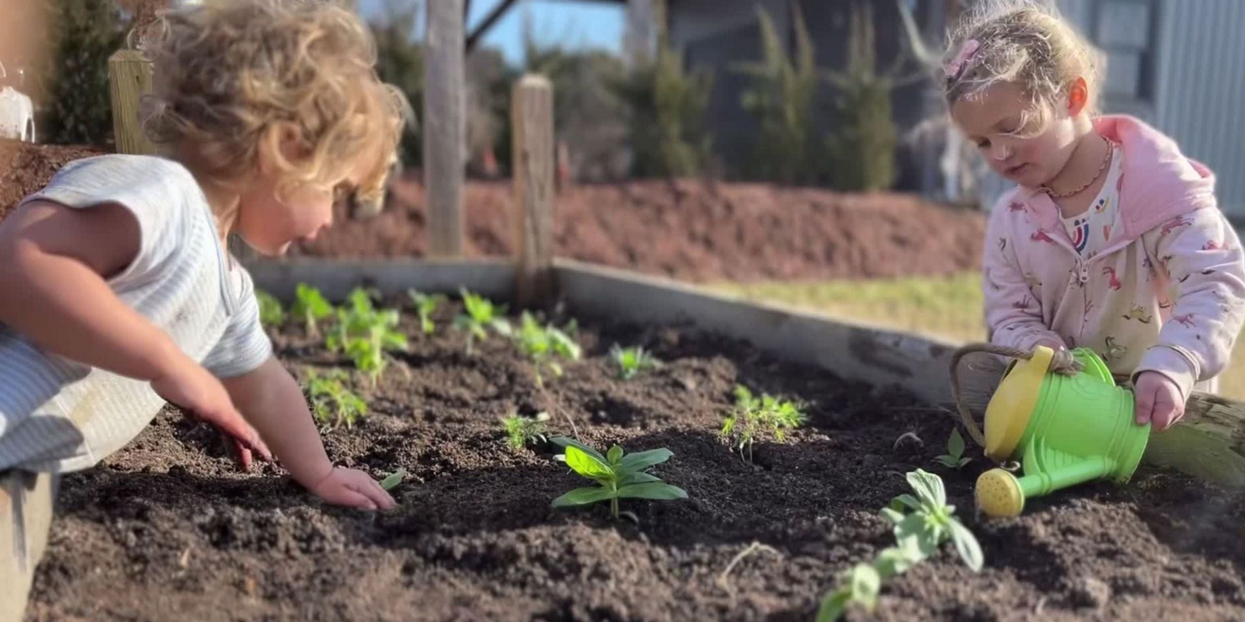 Mary and Julia planting in the garden at Rooted Flowers.